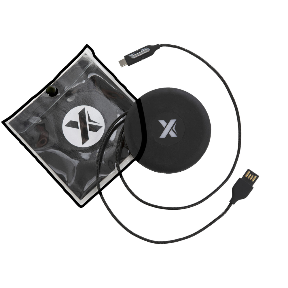 Multi-Connector Light-Up Logo Charging Cable with Reel and Silicone Storage Pouch - Lochranza