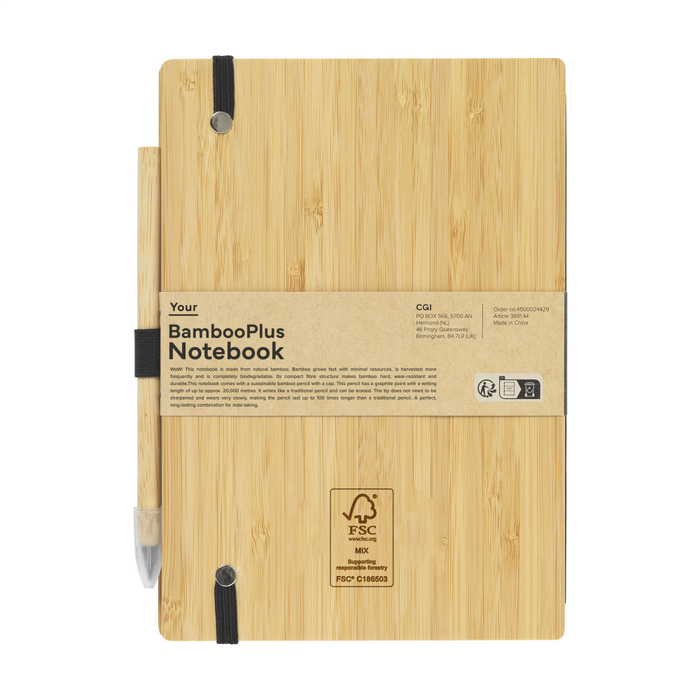 Cuaderno de tapa dura de bambú ecológico con lápiz sostenible - Ainzón