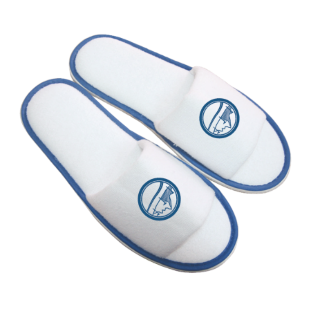 Zapatillas blancas de rizo con punta abierta, banda de color y suela EVA - Osso de Cinca