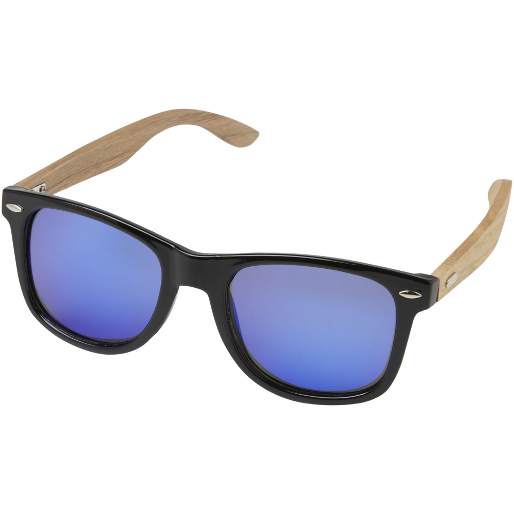 Pesto gespiegelde gepolariseerde zonnebril van rPET/hout in geschenkverpakking