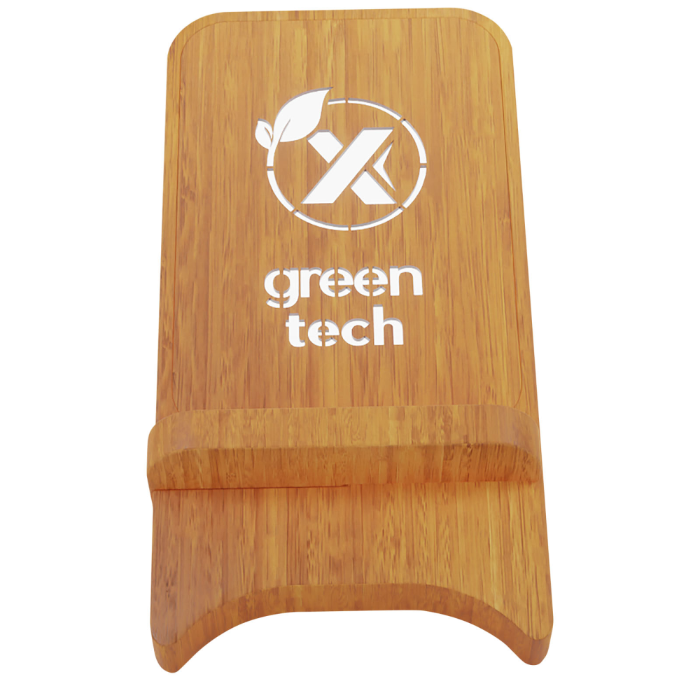 SCX.design W26 telefoonstandaard van bamboe met draadloze oplader van 10 W en oplichtend logo