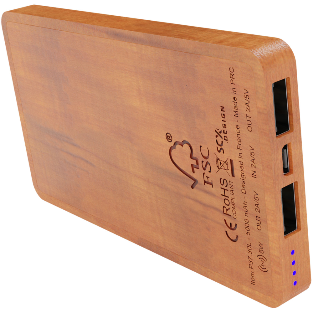 SCX.design P37 5000 mAh draadloze houten powerbank met oplichtend logo