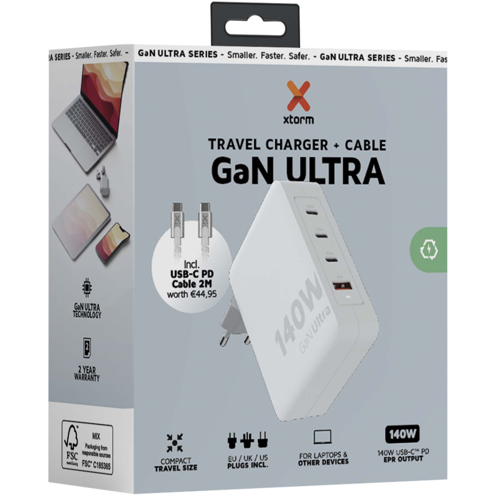 Xtorm XVC2140 GaN Ultra reislader van 140 W met USB-C PD kabel 240 W